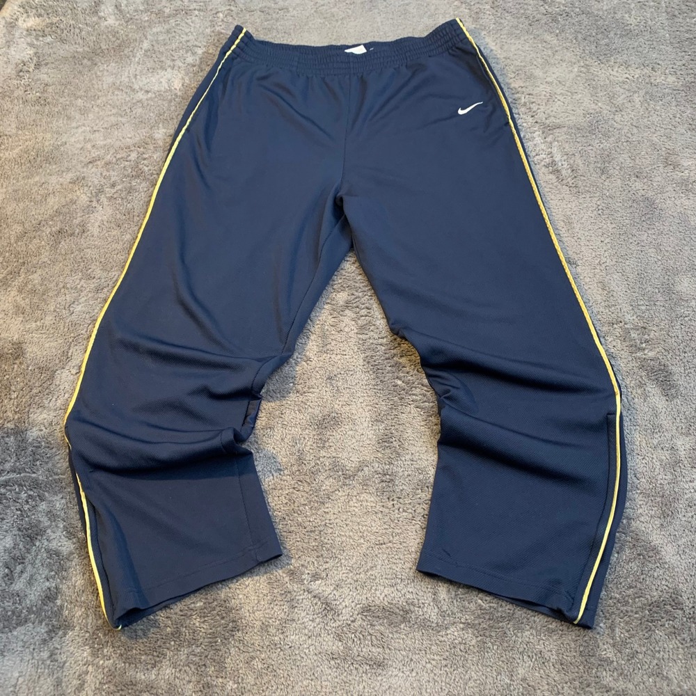 Nike Mens XL Navy Blue Track Pants Yellow Piping Mesh Lined Zipper Baggy Y2K
